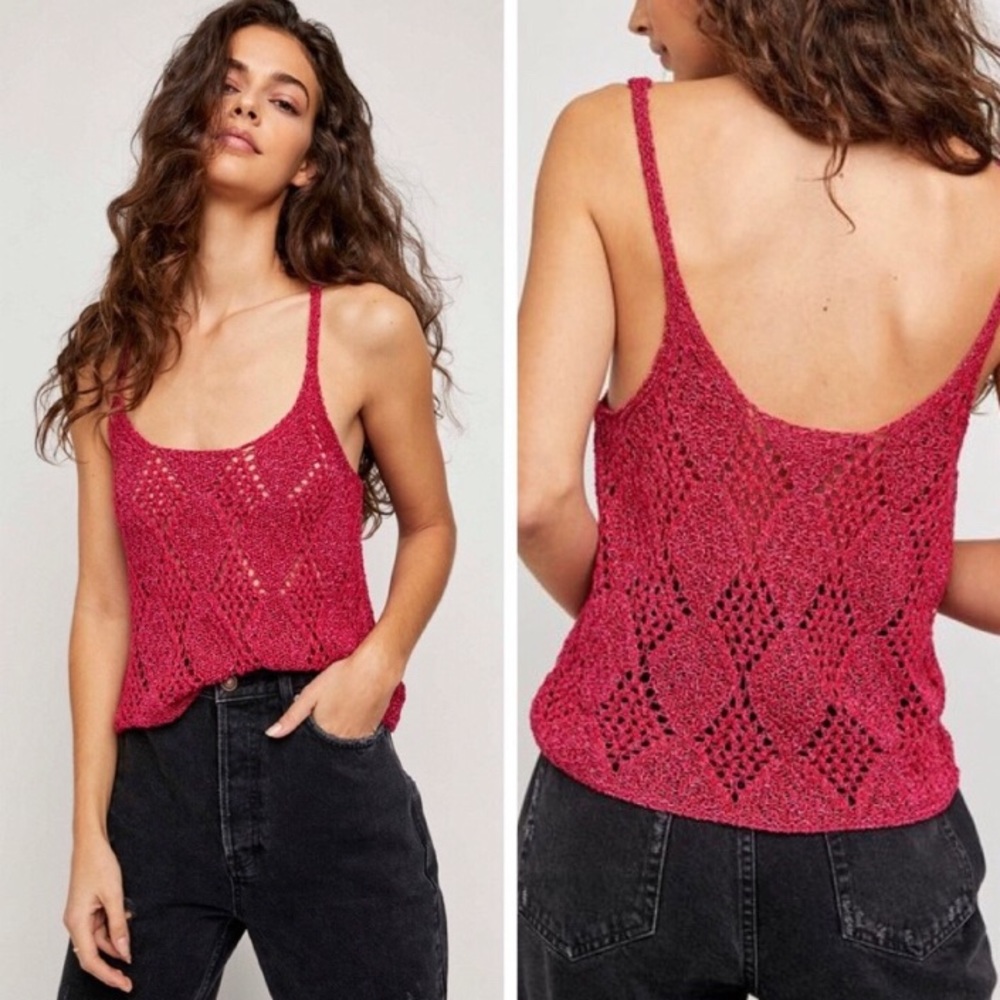 NWT $58 Free People Glisten Crochet Tank In Love Potion Size Large.